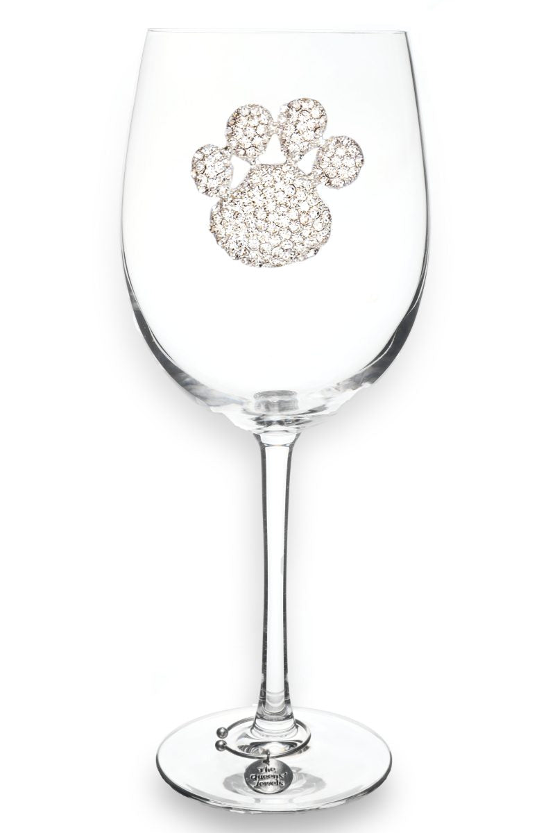 Handcrafted stemmed glass with a paw print motif featuring jeweled accents in clear crystal.