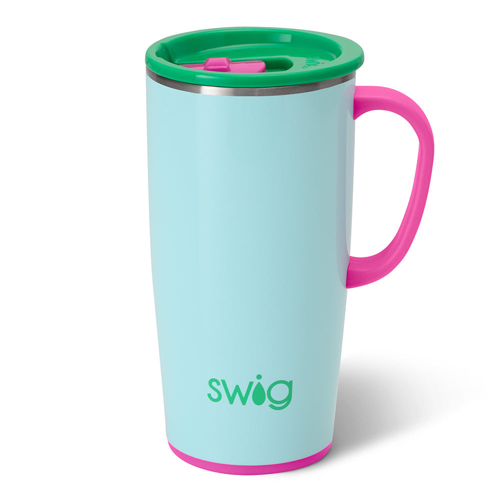 Silver stainless steel travel mug with a slim metal handle and large BPA-free lid.