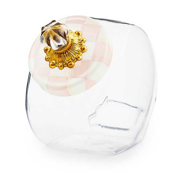 Glass jar with hand-glazed steel lid featuring a Rosy Checks pattern.