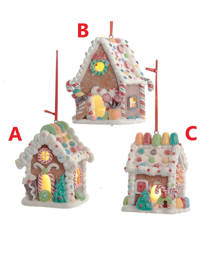 Clay dough gingerbread house ornament with glitter dusting and battery-operated LED lights