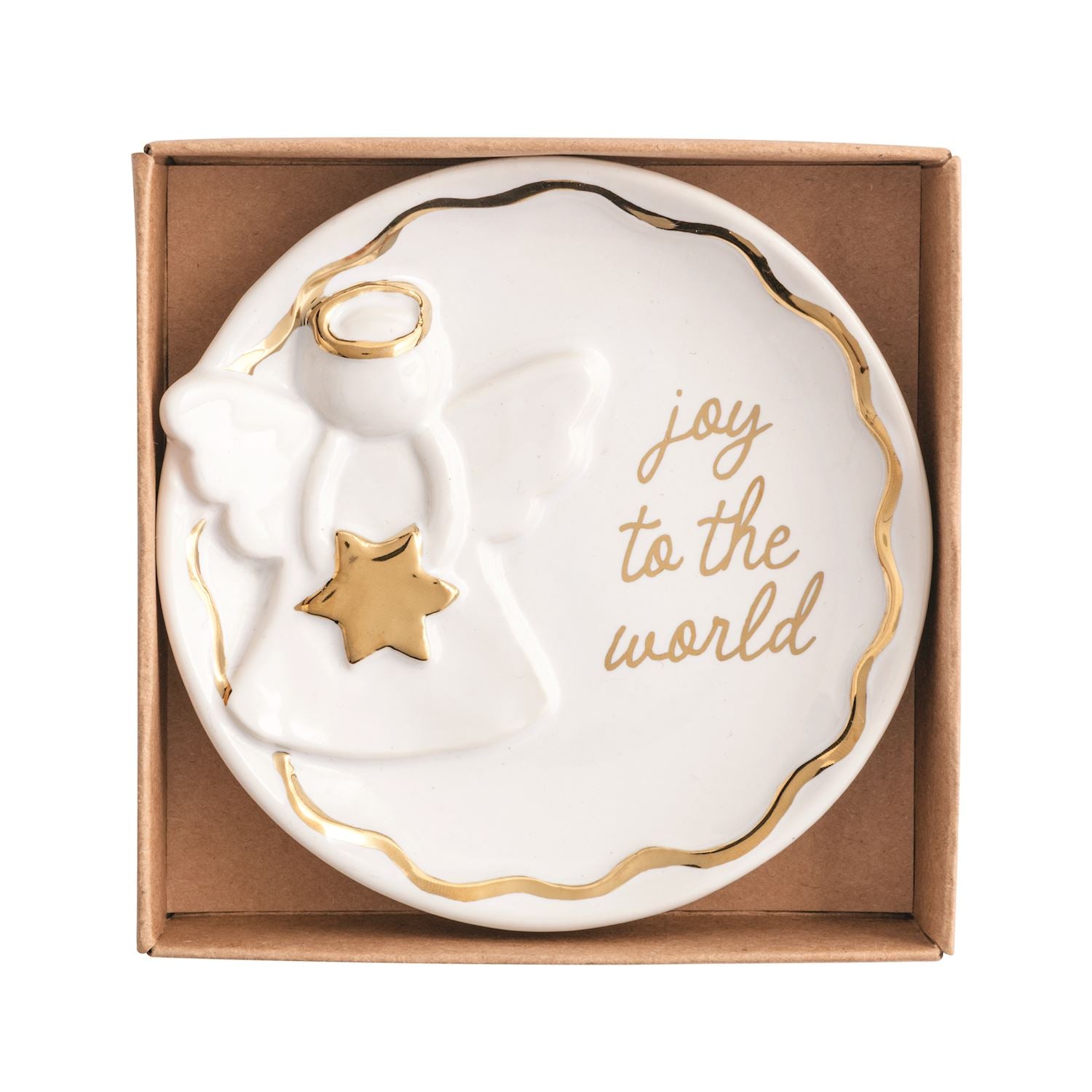 Round white stoneware trinket dish with gold angel motif and "joy to the world" in a gift box.