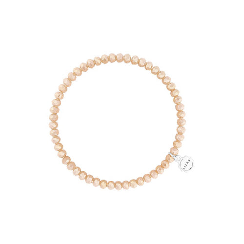 Stretchy bracelet with faceted glass beads in a colorful beaded pattern.