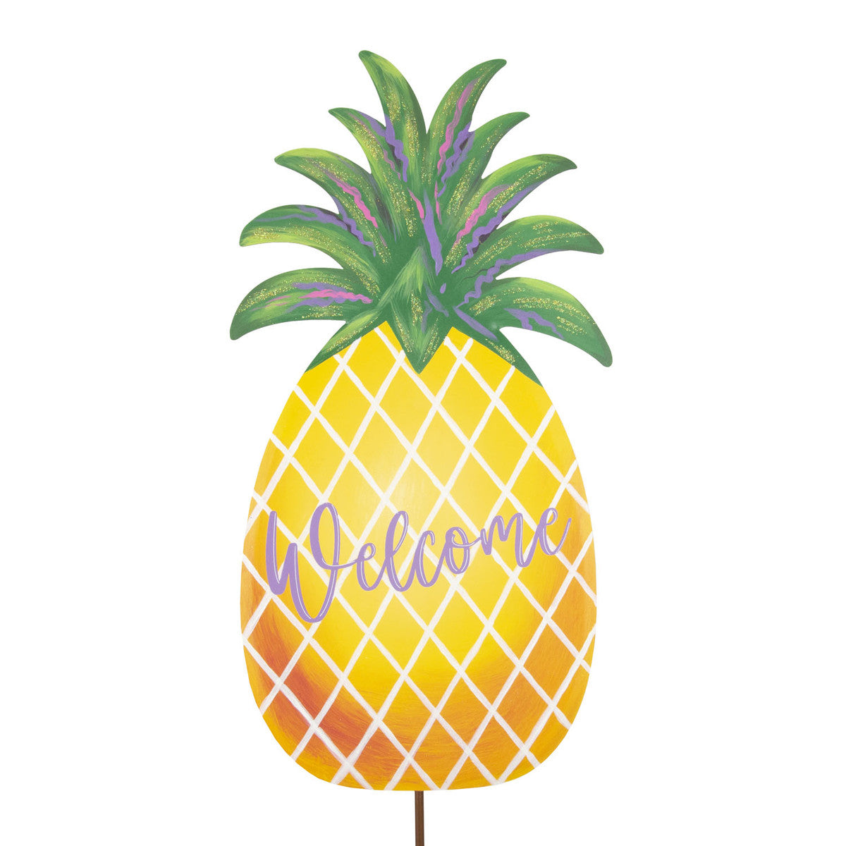 Welcome Pineapple garden stake featuring a pineapple motif in natural wood finish with matte protective coating.