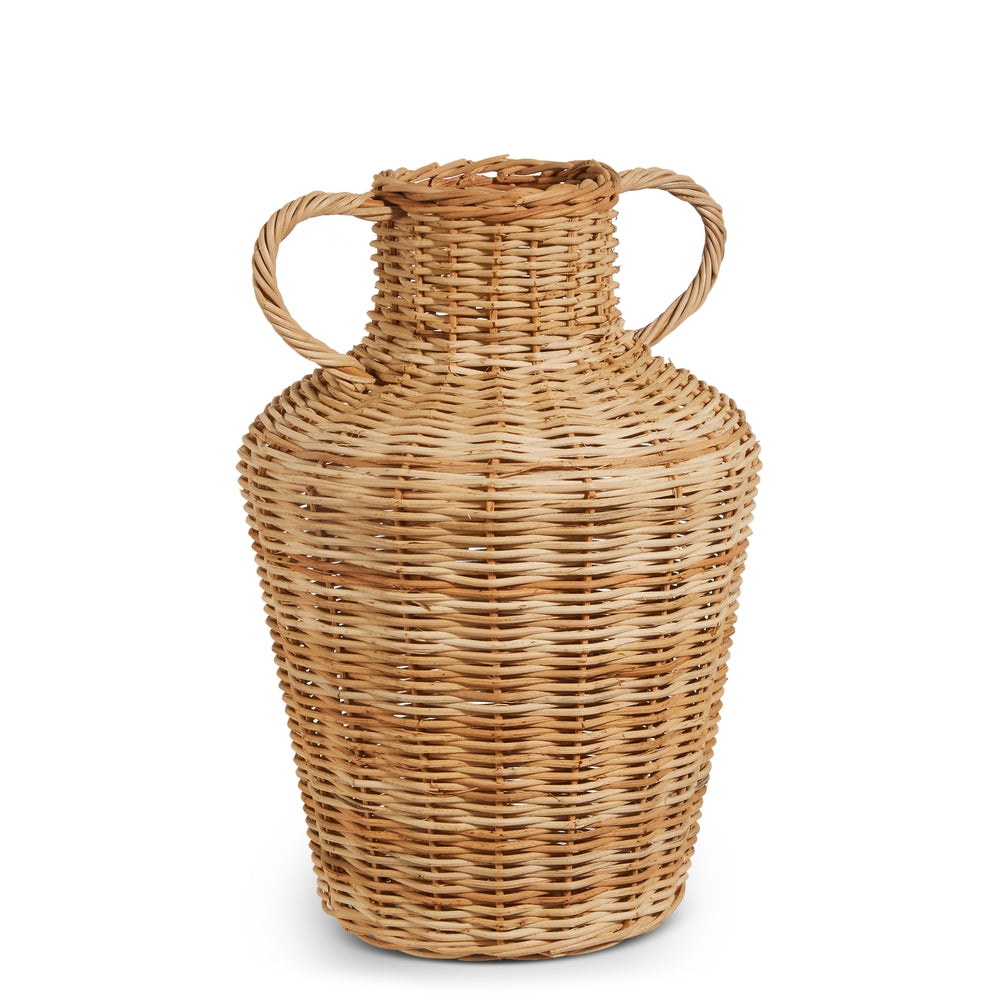 Natural wicker ginger jar vase with handles measuring 14 inches tall