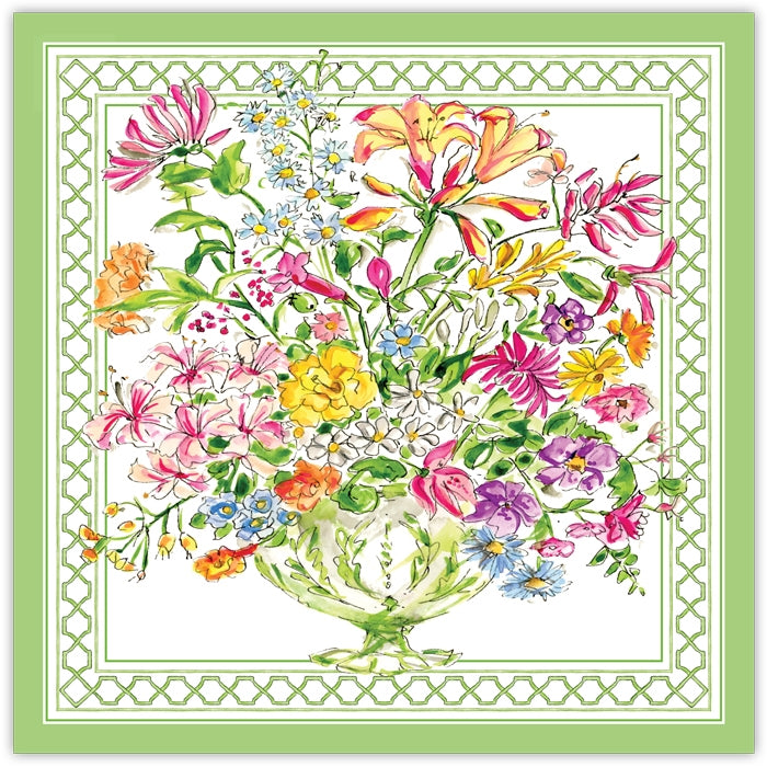 Square paper placemat featuring a watercolor floral arrangement in a vase with a green border.