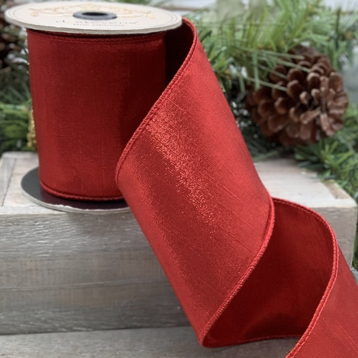 Red faux metallic dupion fabric with fused back backing