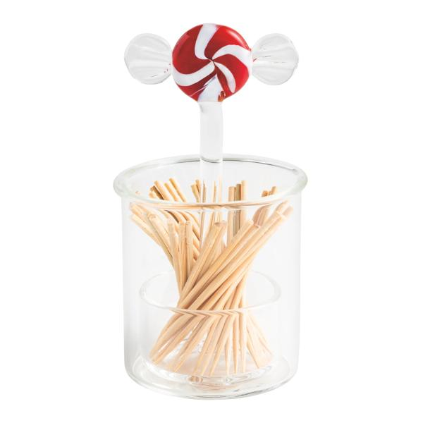 Clear glass toothpick caddy set with a red and white peppermint candy glass topper and toothpicks.