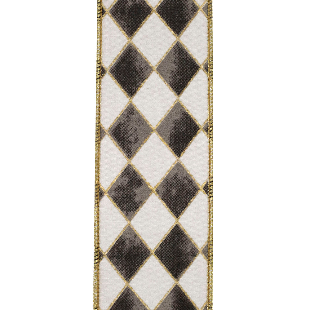 Harlequin diamond pattern wired edge ribbon in grey and white with gold gilded outlines.