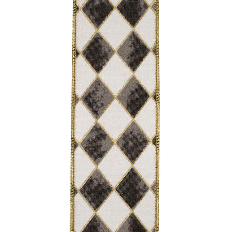 Harlequin diamond pattern wired edge ribbon in grey and white with gold gilded outlines.