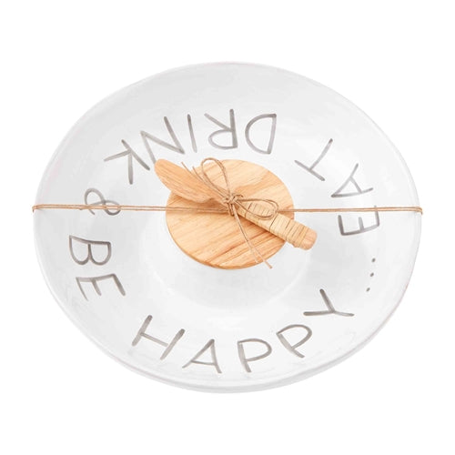 Terracotta chip dip set with a round dish measuring 12½ inches and a spreader.
