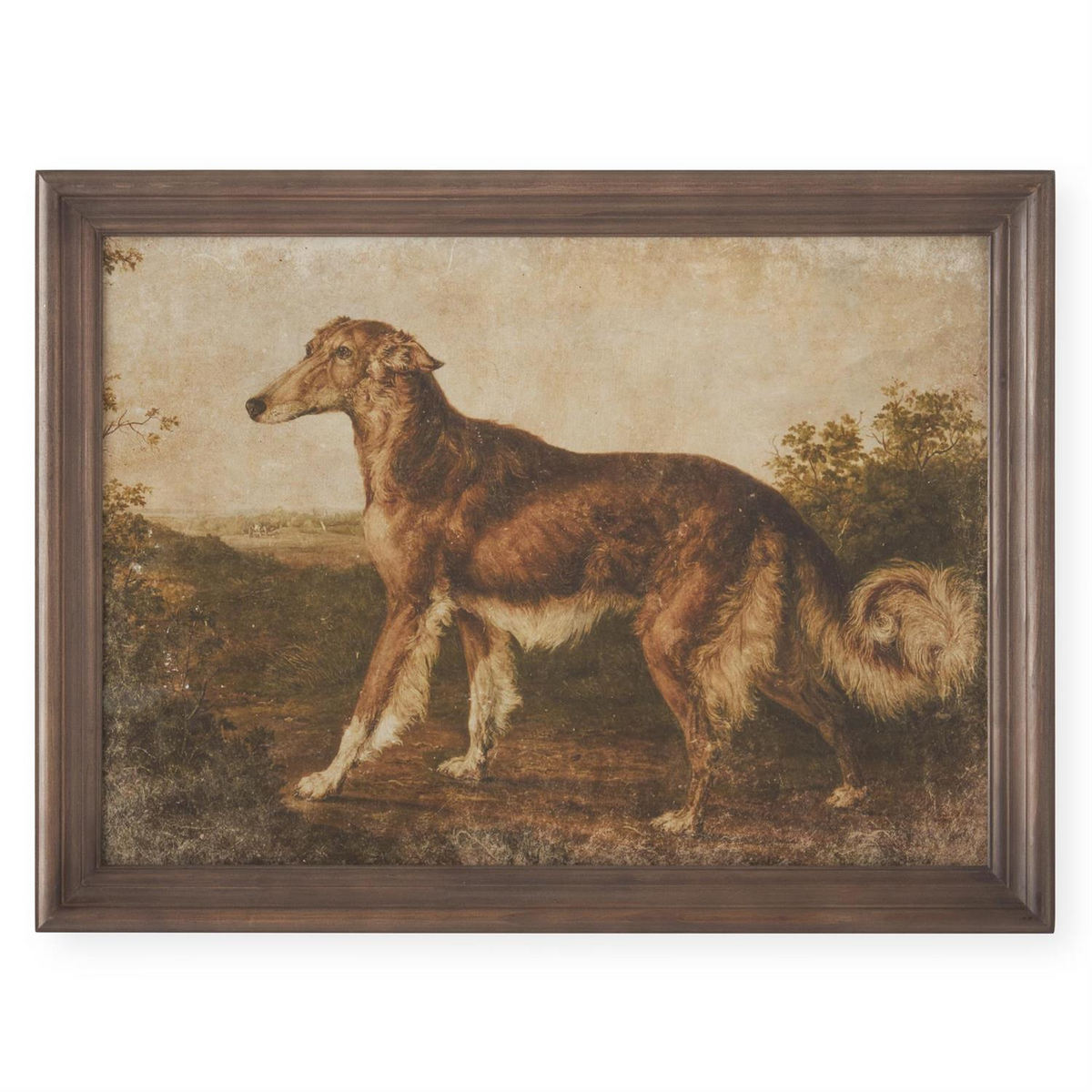 Framed 23.5-inch vintage-style print of a long-haired brown dog in a landscape setting.