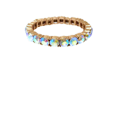 Goldtone stretch tennis bracelet featuring Aurora Borealis rhinestones in a circular pattern.