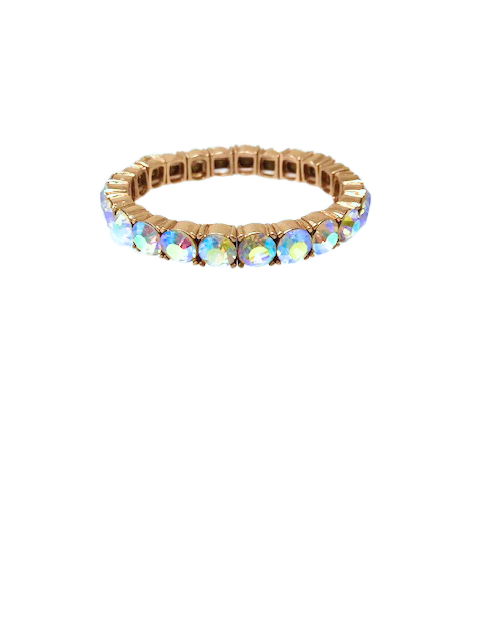 Aurora Borealis rhinestone stretch tennis bracelet in goldtone setting.