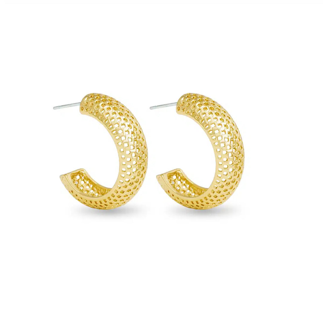Madelyn polished gold mesh hoop earrings with a modern textured design and post backings.