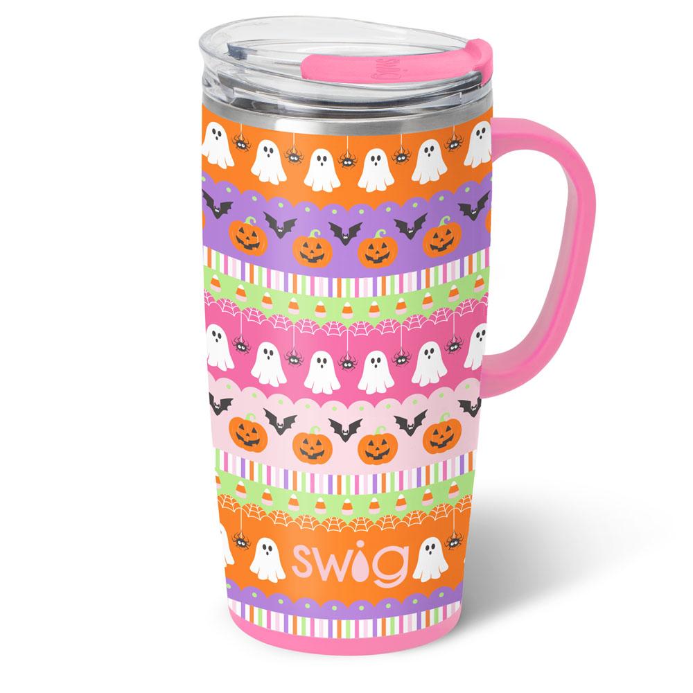 Silver stainless steel travel mug with a black silicone base and lid.