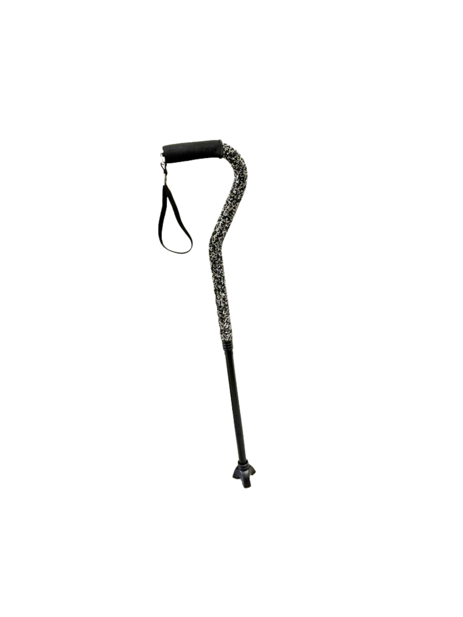 Black and silver rhinestone walking cane with a foam handle, wrist strap, and four-pronged base.