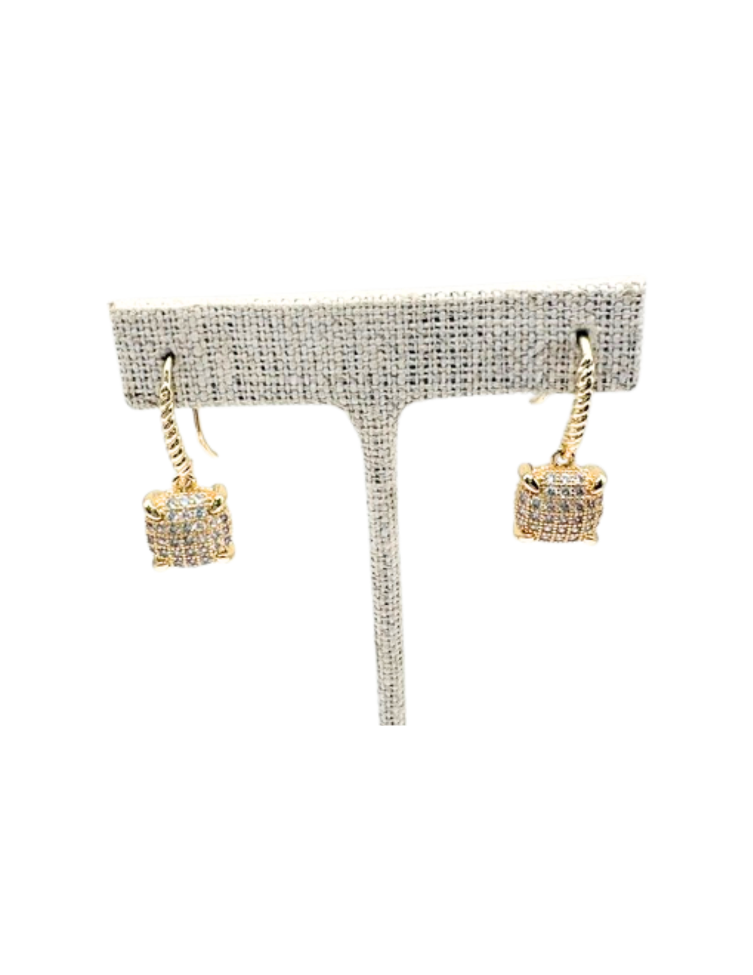 Gold CZ pillow dangle earrings with twisted wire hooks and pave-set cubic zirconia stones.