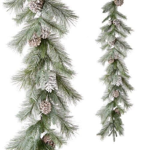 Five-foot flocked garland with fluffy cedar branches, pinecones, and snow dusting.