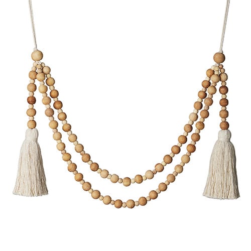 Wood beaded garland with cotton accents in a double swag style