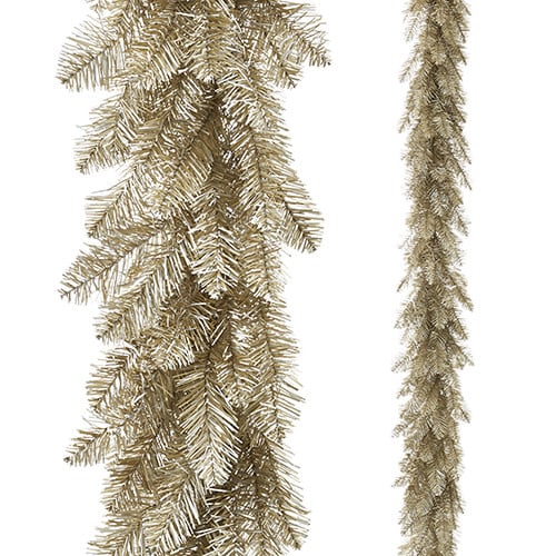 6-foot unlit gold tinsel garland made of PVC and metal with a shiny metallic finish.