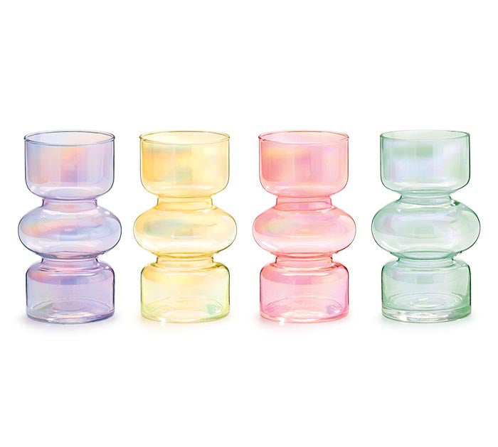 Iridescent bubble spring vase with a shimmering metallic finish.