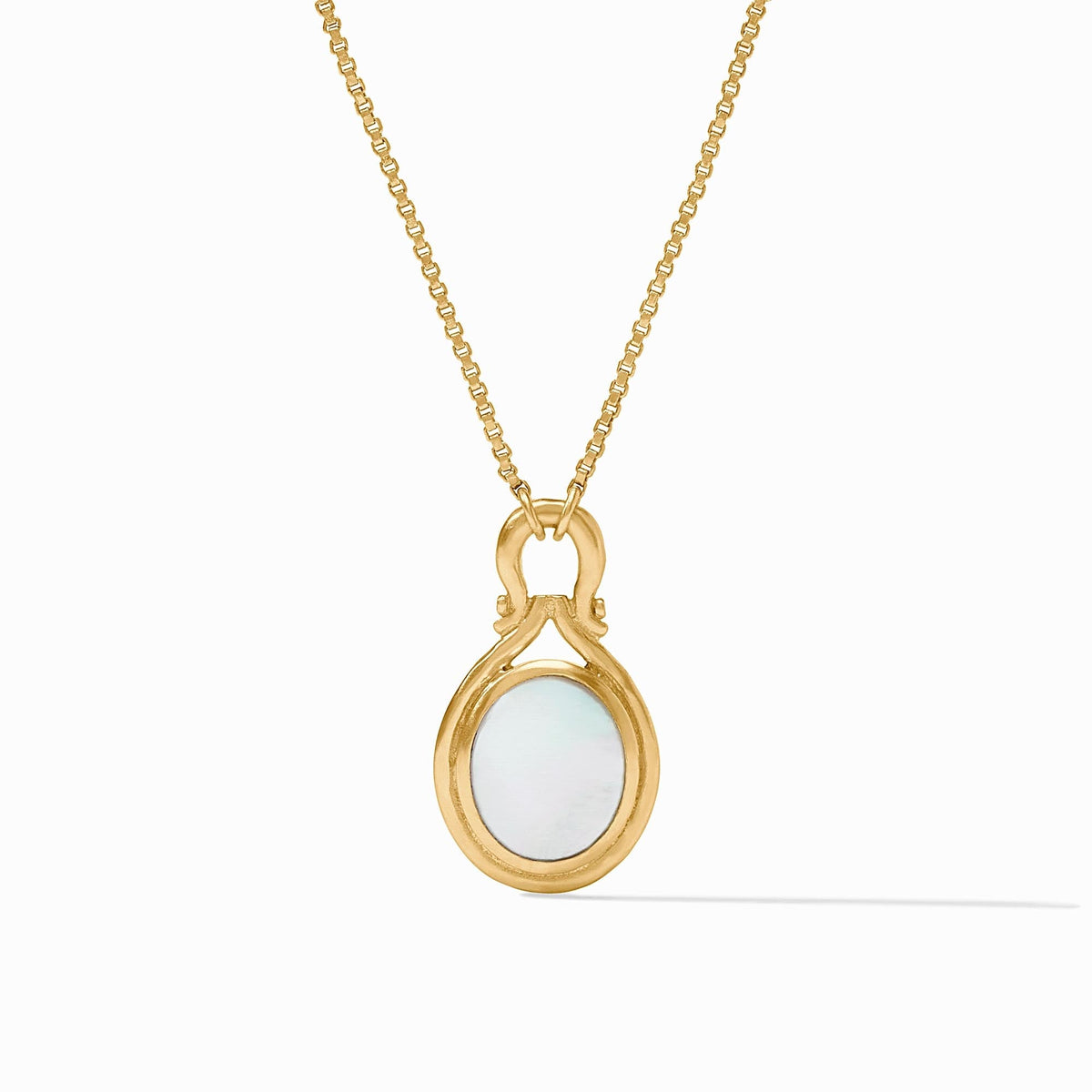 Adjustable Saratoga necklace with a mother-of-pearl pendant on 24K gold plate chain.