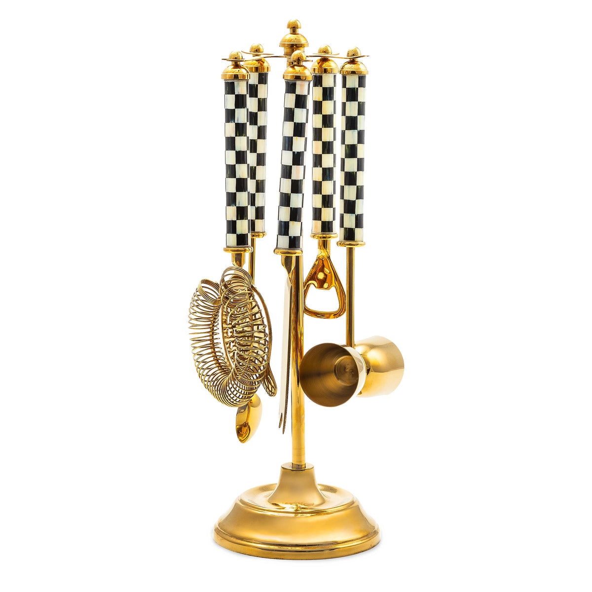 Gold bar tool set with black and white checkered handles on a matching gold stand.