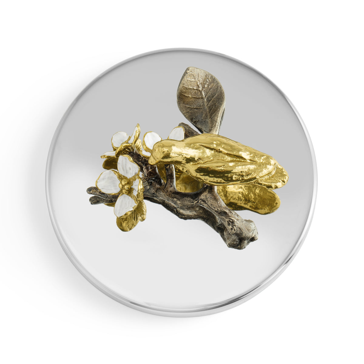 Top view of a Lovebirds Candle lid featuring gold birds on a branch with white enamel flowers.