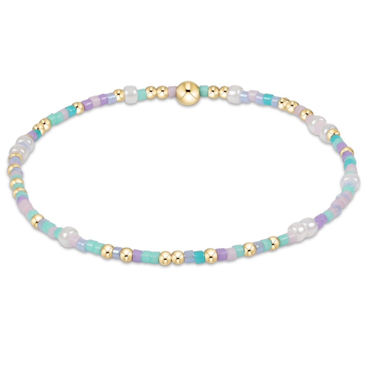 Hope Unwritten bracelet featuring mixed 2mm seed beads in various colors with gold-filled accents on elastic cord.