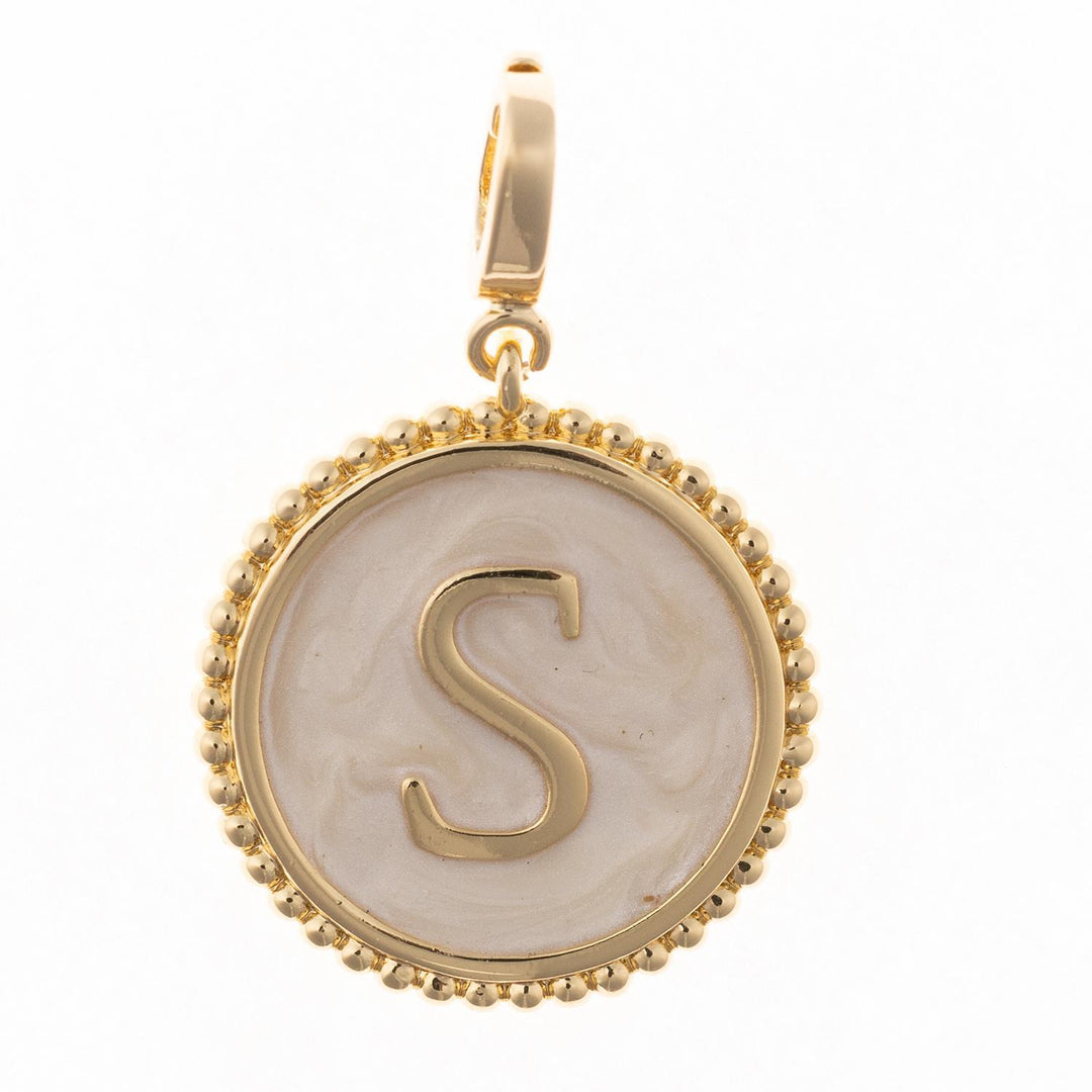 Madison Initial Charm with 18k gold plating, faux mother of pearl inlay, and the letter S.