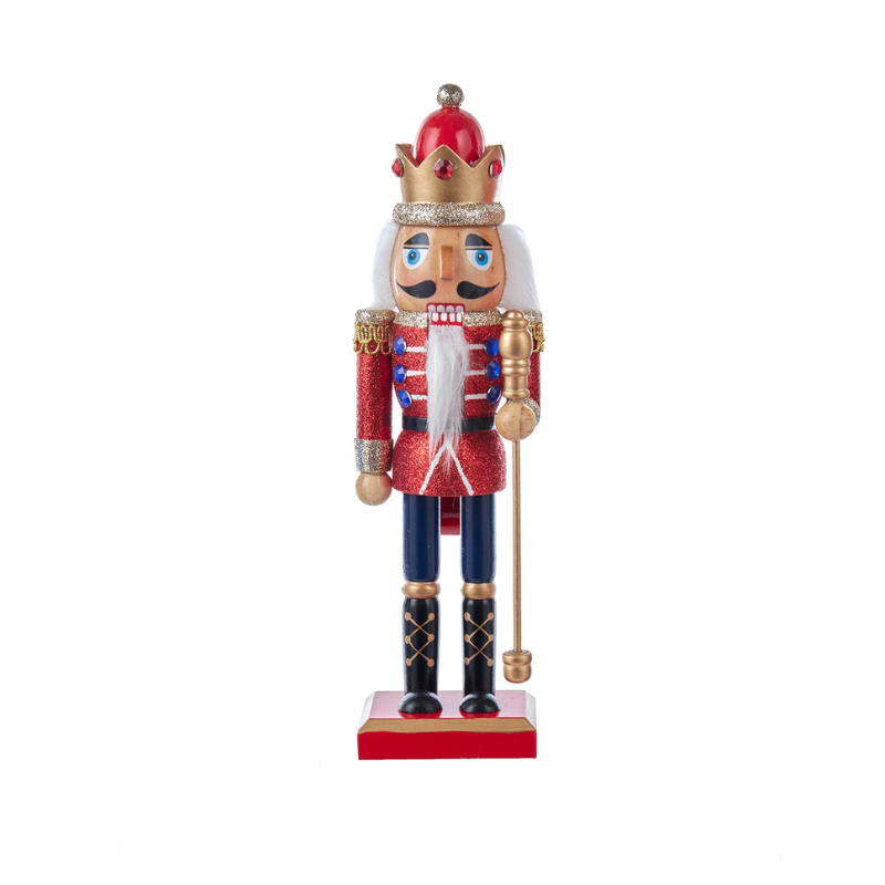 10-inch red glitter wooden king nutcracker with a gold crown, white beard, and staff.