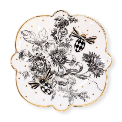 Handmade porcelain bread plate with a subtle bee motif in toile pattern.
