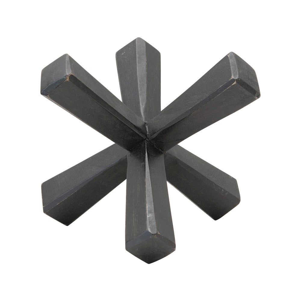 Square espresso-colored hand-carved mango wood jack decorative object with carved geometric silhouette.