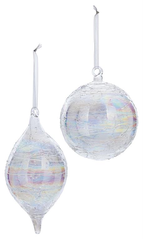 Two clear crackled glass ornaments, one round and one teardrop-shaped, with iridescent finishes.