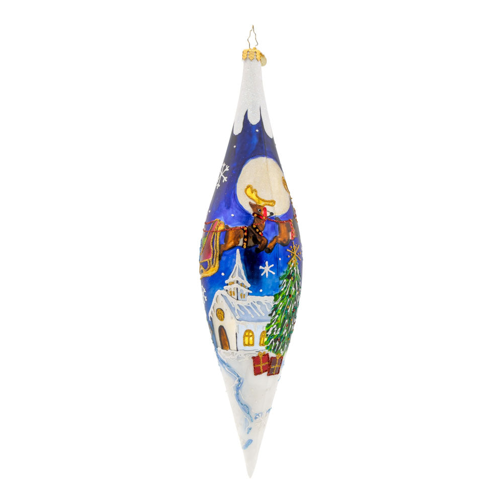 Moonlight Sleigh Ride Icicle glass ornament with hand-painted winter scene and reindeer.