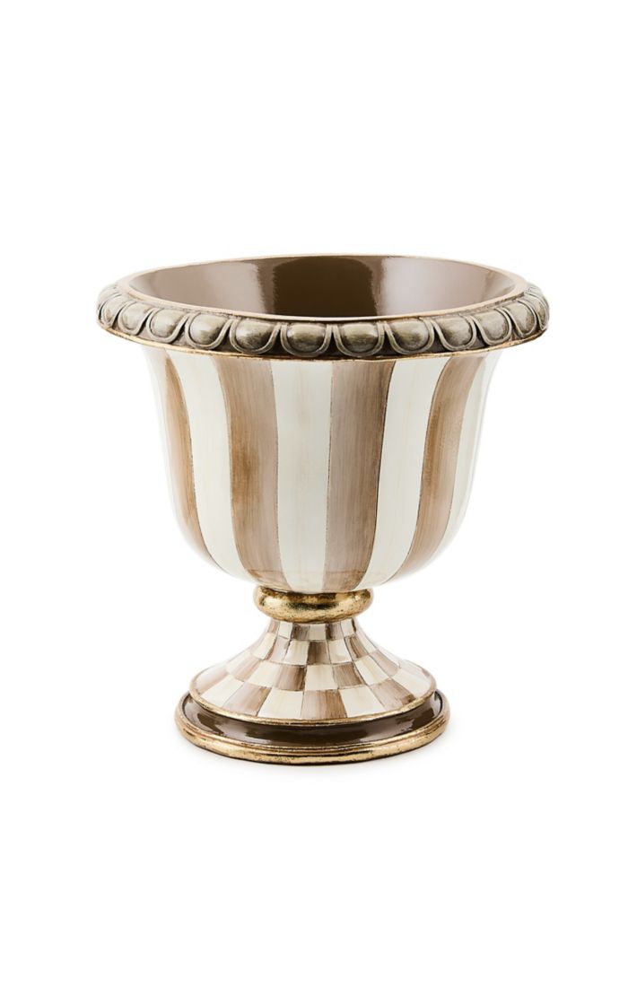 Mocha Stripe Tabletop Urn with vertical stripes, a checkered base, and gold-tone accents.