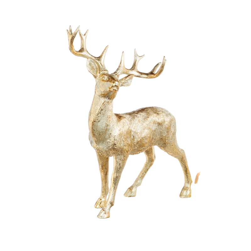 19.5-inch gold resin deer figurine with large antlers in a standing pose.