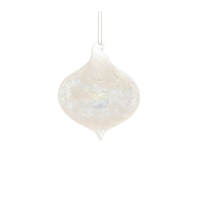 White iridescent glass onion-shaped ornament with a textured finish and hanging loop.