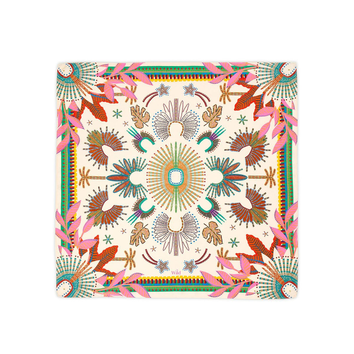 Mini square scarf with a colorful, symmetrical tribal-inspired pattern on a cream background.