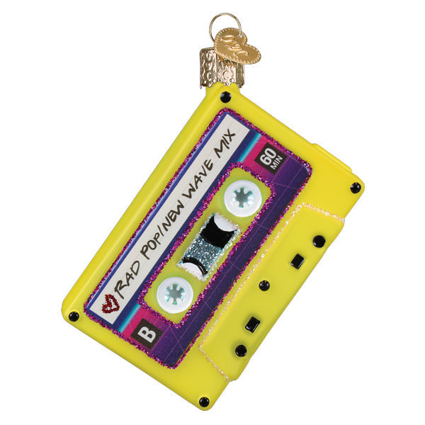 80s-themed ornament with retro pop music graphic on a glossy red finish.