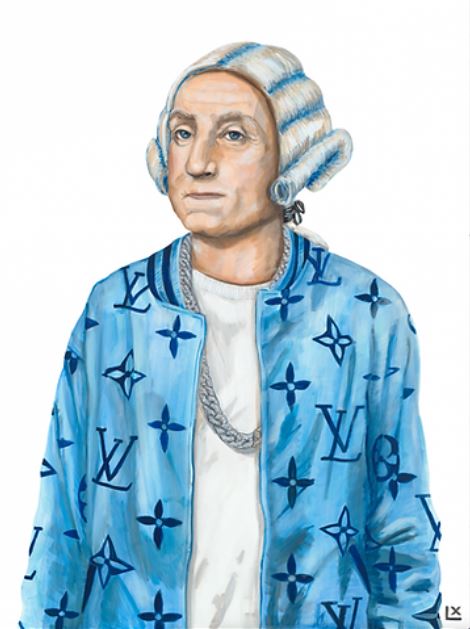 Painting of George Washington wearing a blue Louis Vuitton jacket and wig.