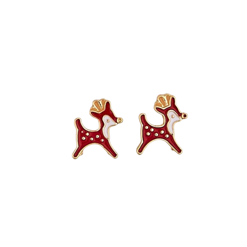 Pair of red and white enamel reindeer stud earrings with gold-toned accents.