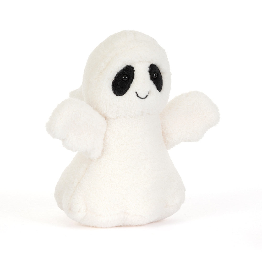 Ghost Bob plush toy, a small white ghost with black eye patches and a stitched smile.