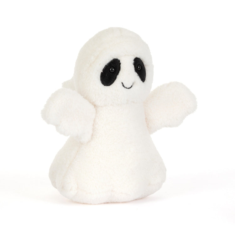 Ghost Bob plush toy, a small white ghost with black eye patches and a stitched smile.