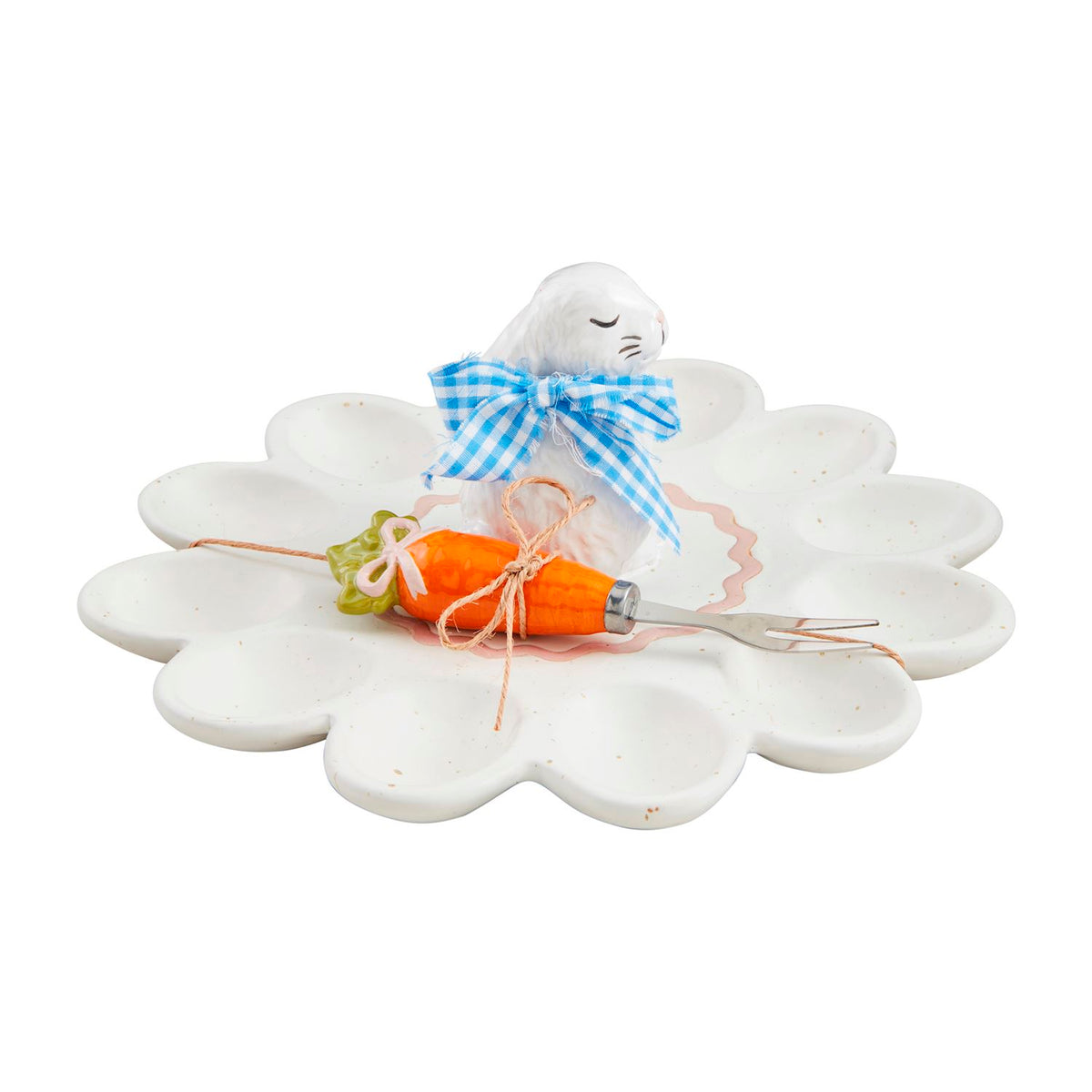 Stone platter set featuring a bunny-shaped deviled egg dish with matching fork.