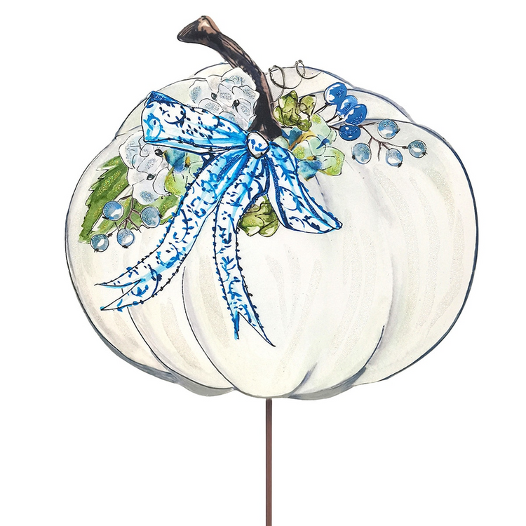 Decorative white pumpkin garden stake with blue hydrangea accents and a patterned blue bow.
