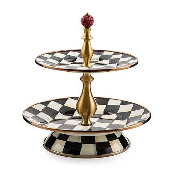 Courtly Check Enamel Two Tier Sweet Stand with hand-painted black and white checks and brass accents