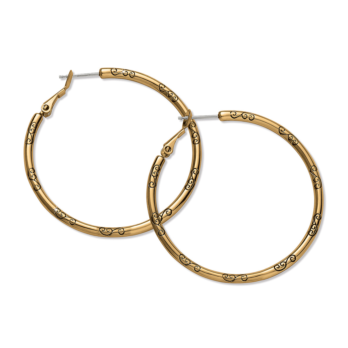 Large gold-plated hoop earrings with an etched scroll design and post back closures.