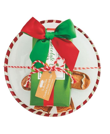 Hand-painted embossed glass cookie plate with a wrapped box of chocolate chip shortbread cookies.