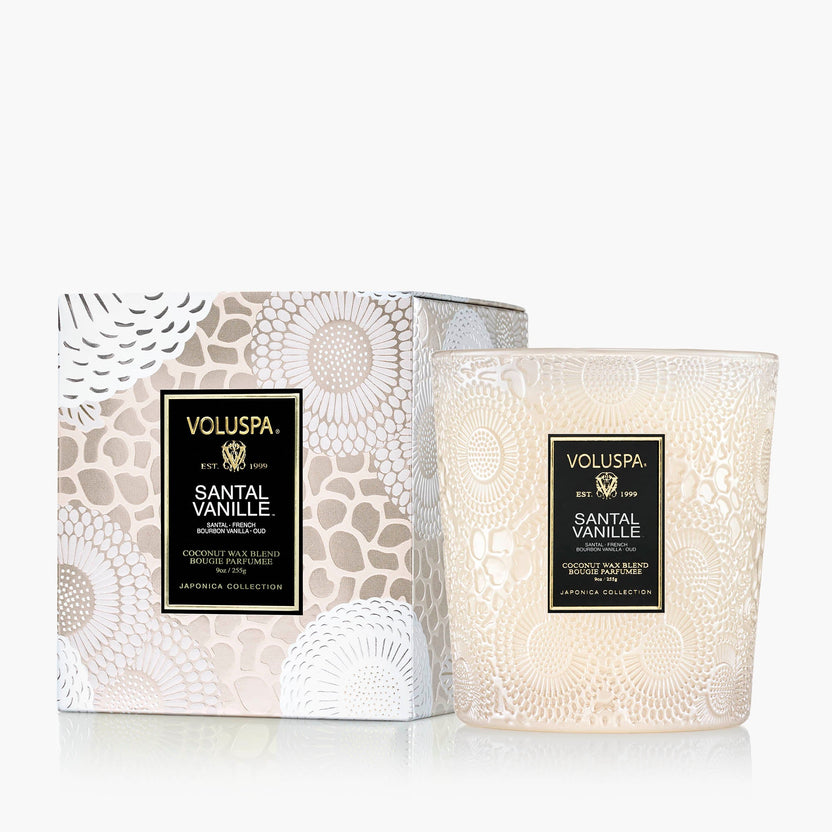Santal Vanille classic candle in a clear glass jar with natural wick
